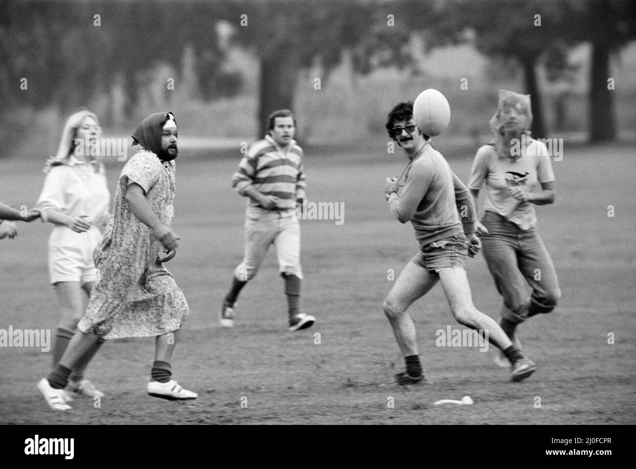 Fancy dress rugby match at King's Meadow Park, Reading, Berkshire, July 1980 Stock Photo Alamy