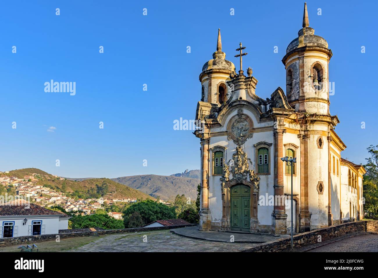 Antique church in Baroque and colonial style from the 18th century in the brazilian city of Ouro Pre Stock Photo