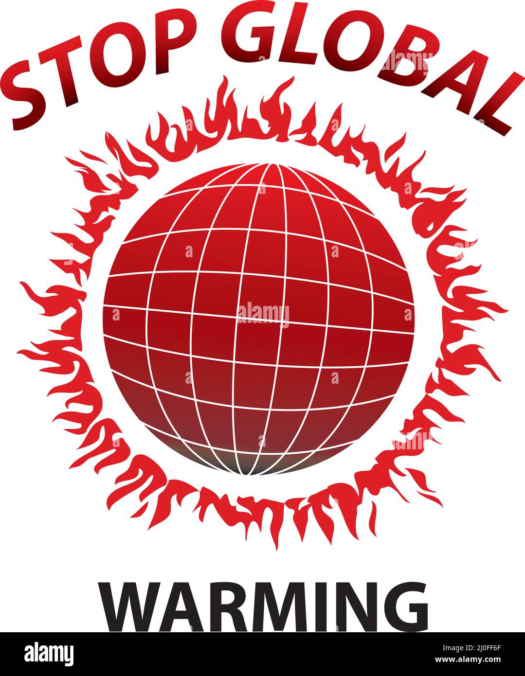 world with fire depicting global warming and text with stop global warming and white background Stock Vector