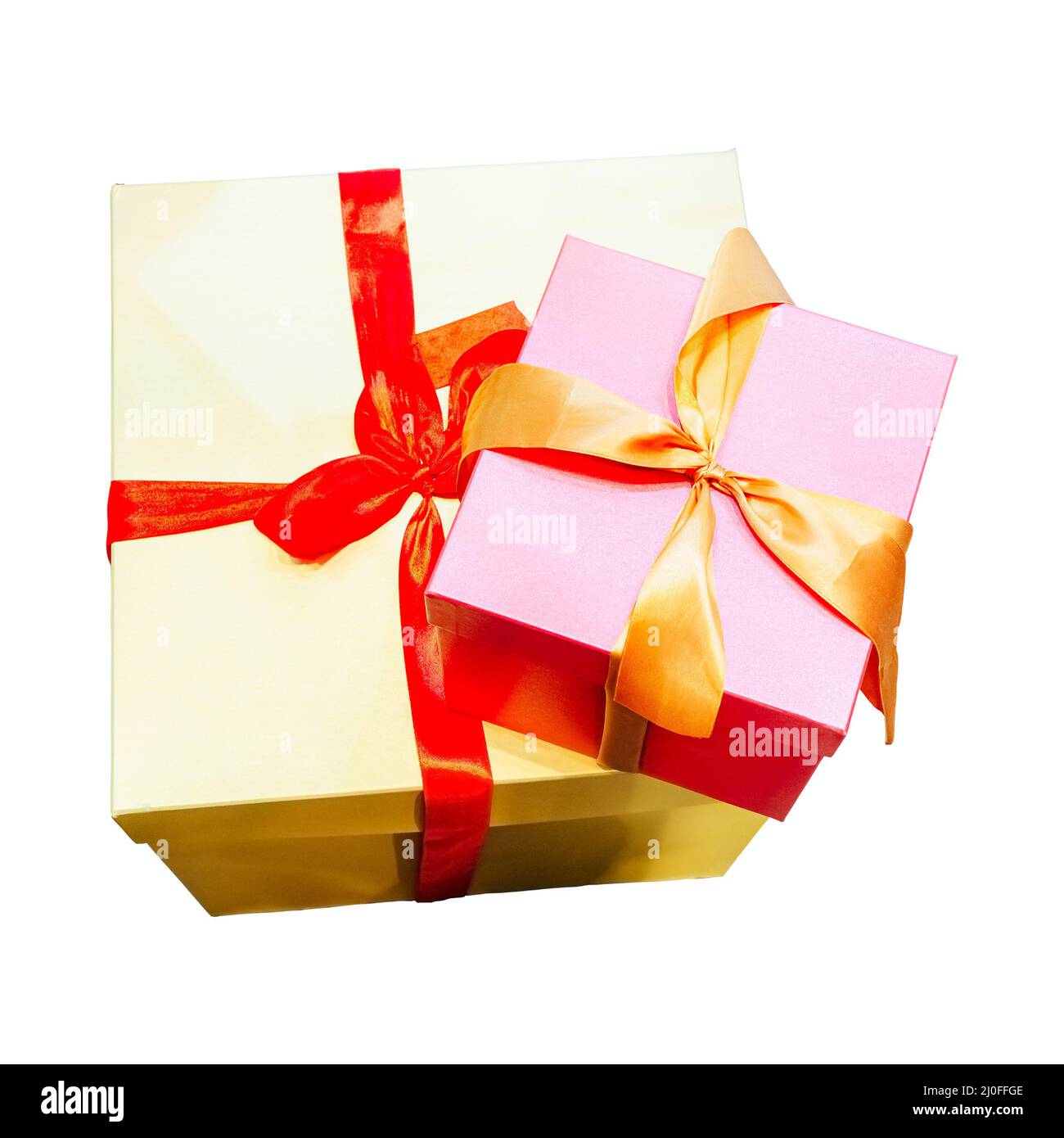 Gold and red gift boxes with ribbons on isolated background Stock Photo ...