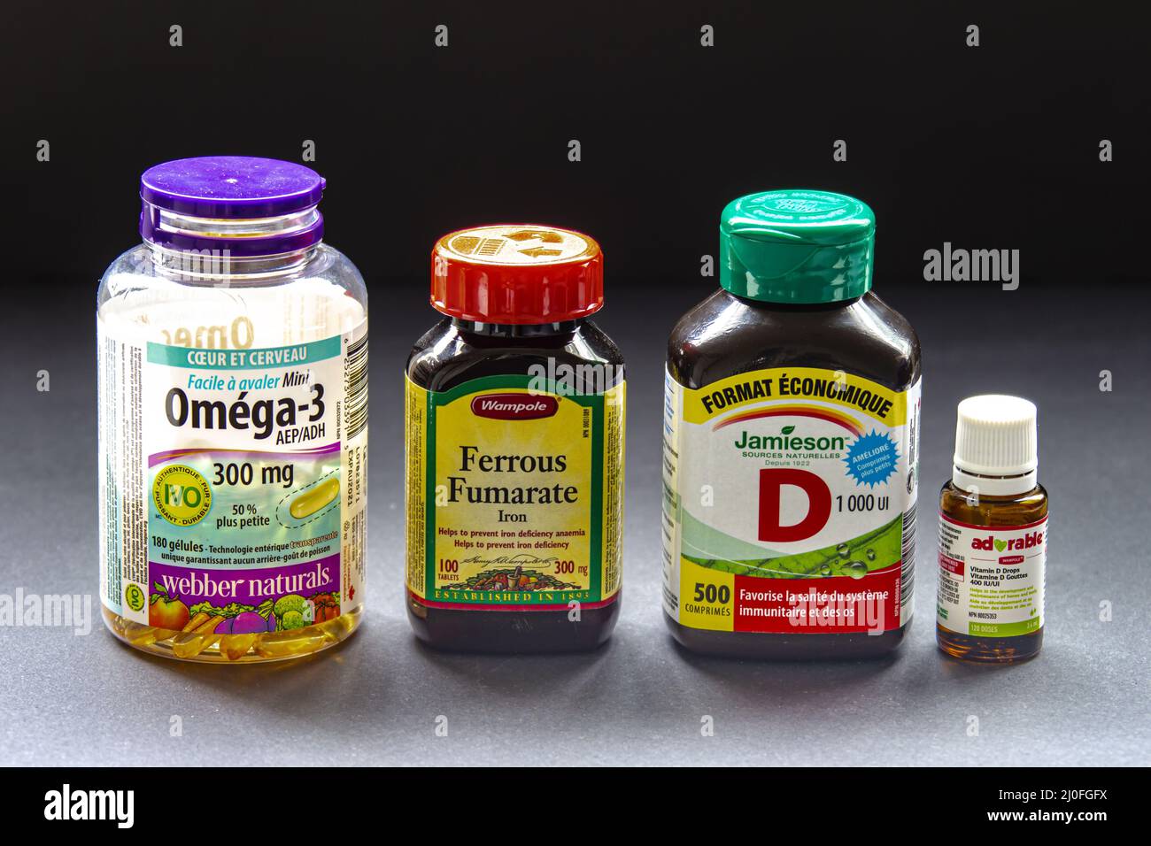 Calgary, Alberta, Canada. Oct, 6, 2020. Popular brands of Basic essential vitamins. Stock Photo