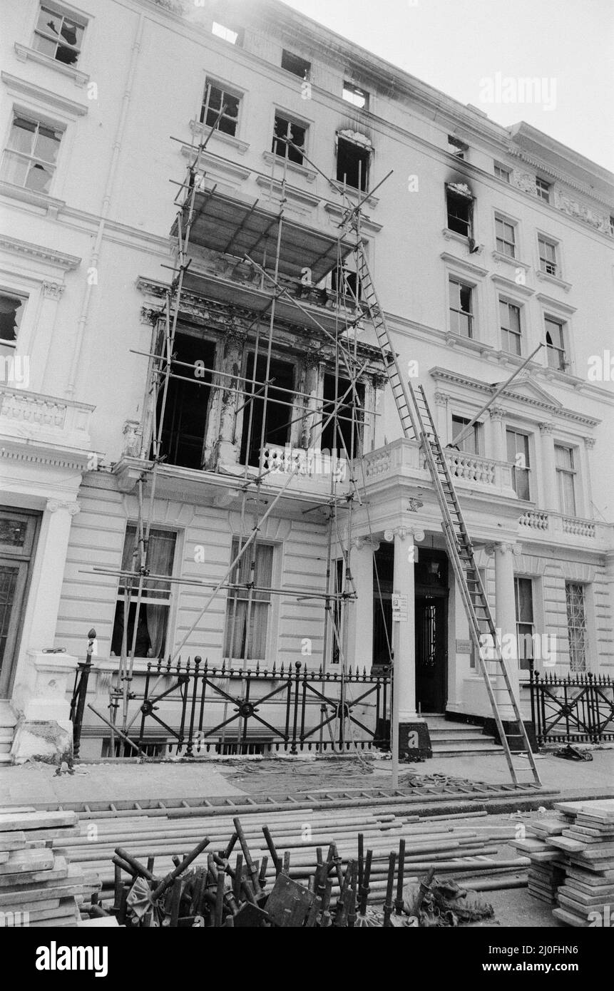 The Iranian Embassy Siege in London where six gunmen of the Iranian extremist group 'Democratic Revolutionary Movement for the Liberation of Arabistan' stormed the building, taking 26 hostages before the SAS retook the embassy and freed the hostages. A view of the damage to the front of the Embassy building, two days after the SAS threw thunderflashes in through the window to end the siege. 6th May 1980. Stock Photo