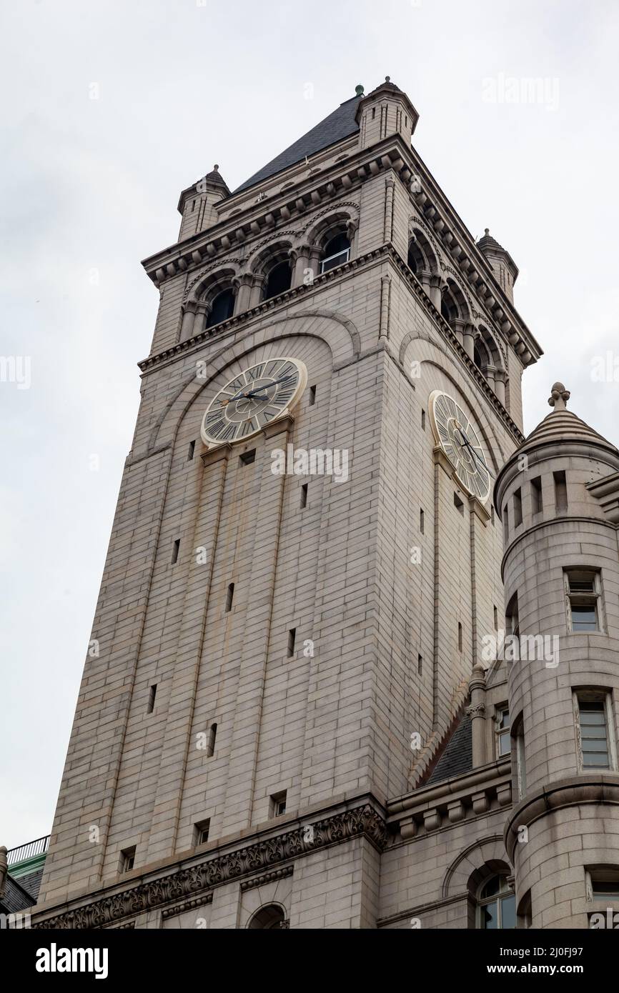 Vertical view of the facade of the Old Post Office Tower in Washington