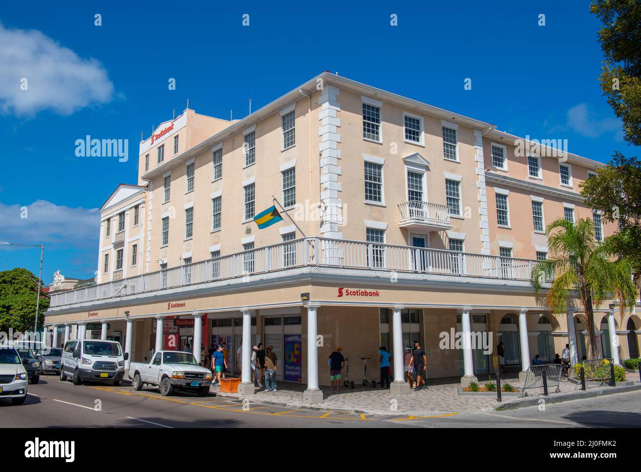 Scotia Bank in a historic commercial building on Bay Street in historic downtown Nassau, New Providence Island, Bahamas. Stock Photo