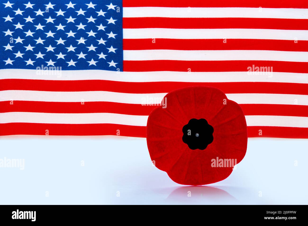 A remembrance day poppy flower with a American Flag on the background ...