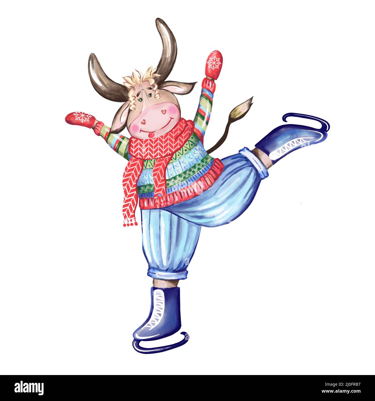 Bull on figure skates.Hand-drawn watercolor illustration Stock Photo