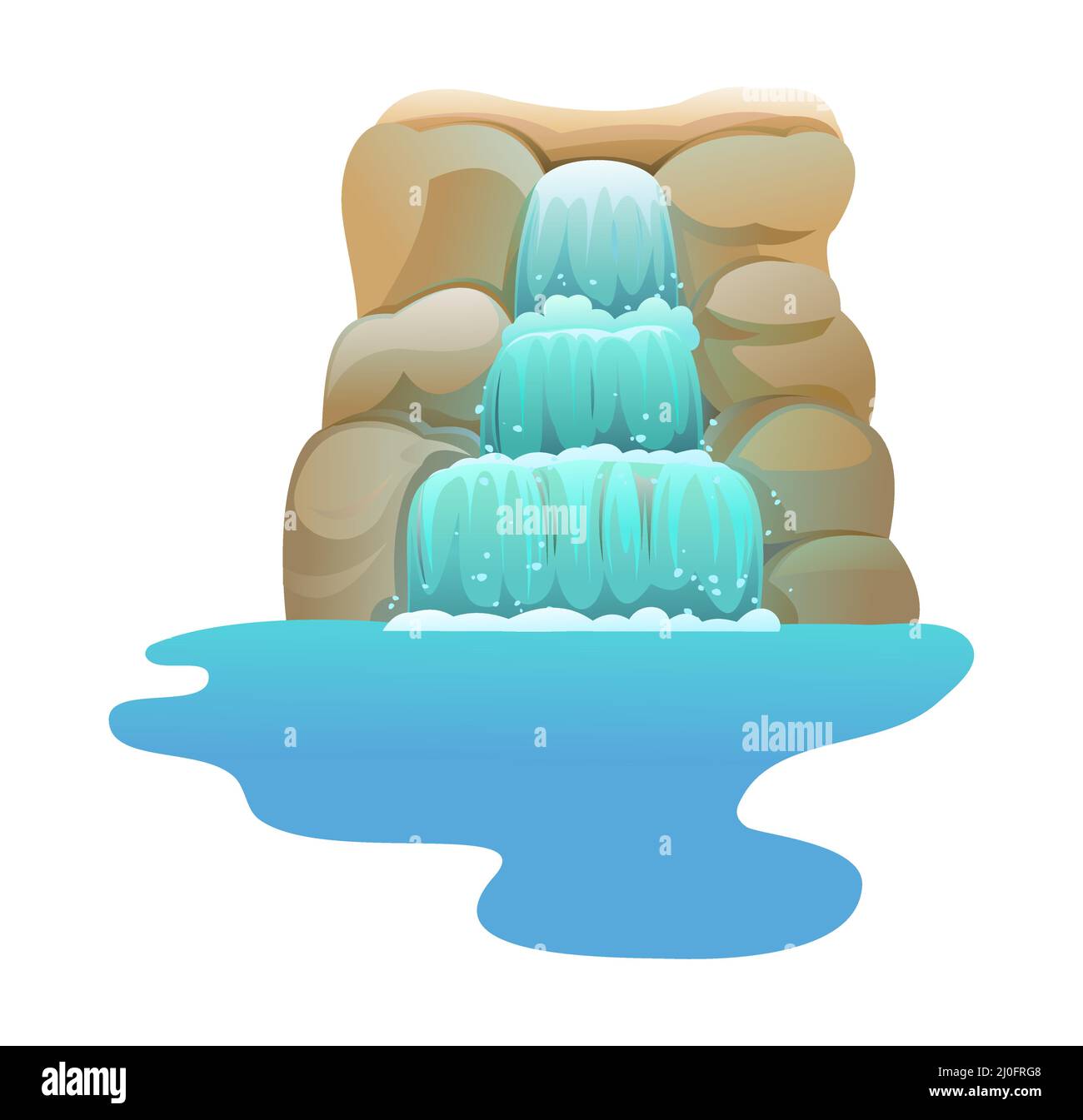 Waterfall among rocks. Triple Cascade shimmers downward. Water flowing. Cool cartoon style. Object isolated on white background. Vector. Stock Vector