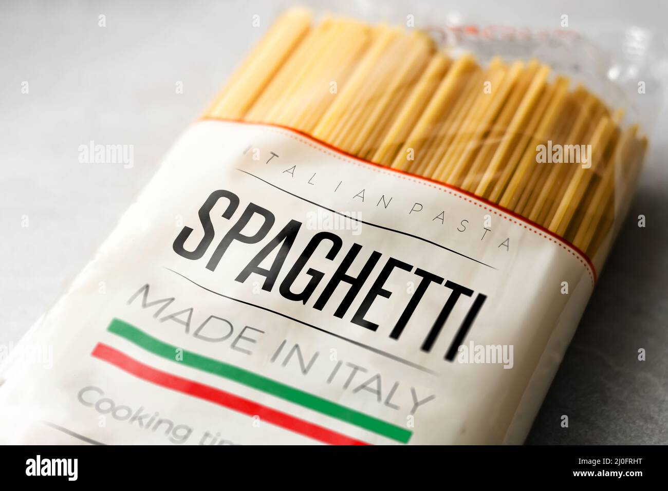 A pack of spaghetti with the made in Italy label Stock Photo Alamy