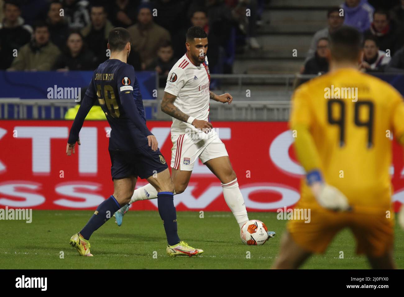 EMERSON of Lyon and Bruno COSTA of Porto and Diogo COSTA of Porto during the UEFA Europa League, Round of 16, 2nd leg football match between Olympique Lyonnais (Lyon) and FC Porto on March 17, 2022 at Groupama stadium in Decines-Charpieu near Lyon, France - Photo: Romain Biard/DPPI/LiveMedia Stock Photo