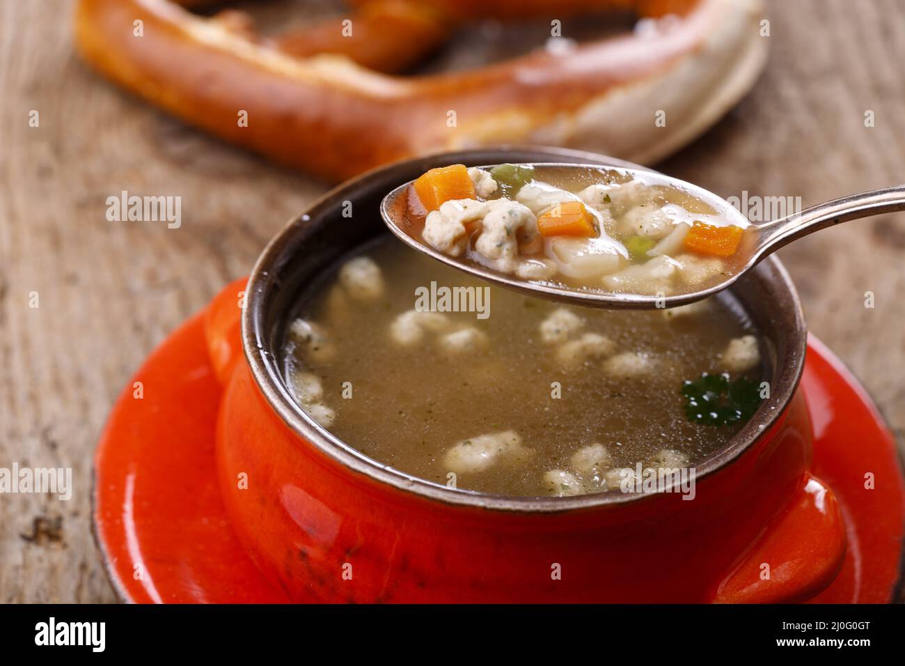 Bavarian fried spaetzle soup in a soup bowl Stock Photo Alamy