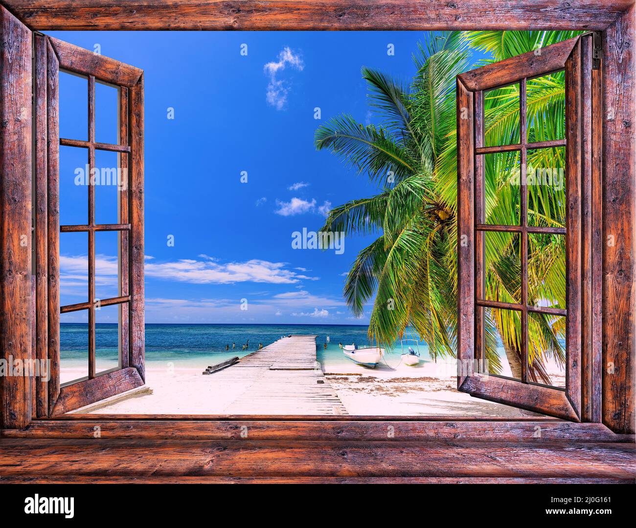 View from the open window of the caribbean sunset Stock Photo - Alamy