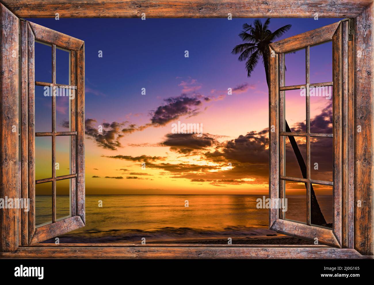 View from the open window of the caribbean sunset Stock Photo - Alamy