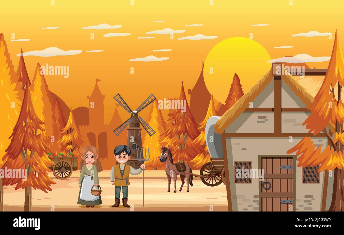 Medieval town scene with villagers illustration Stock Vector Image ...