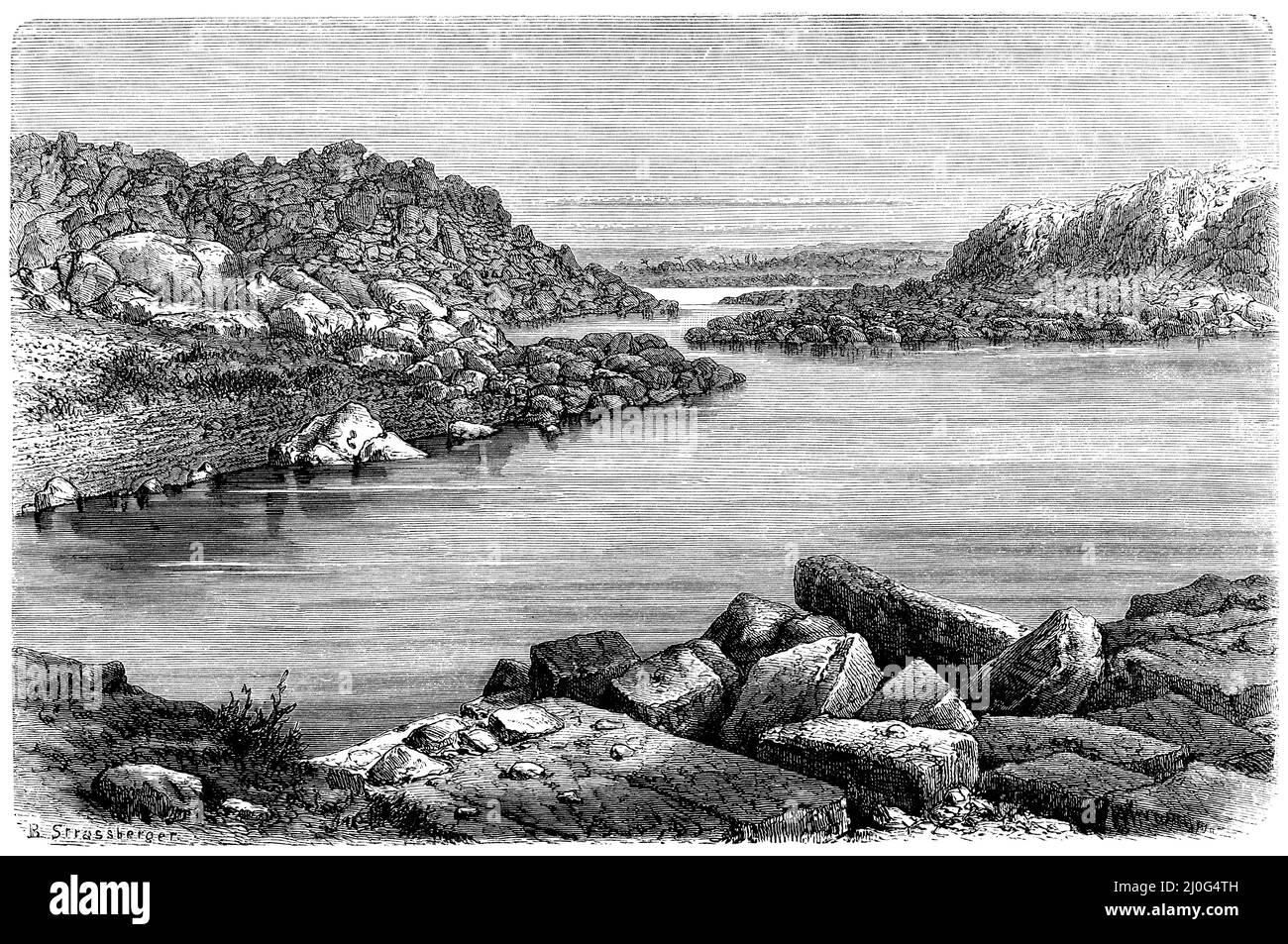 Rock section between Aswan and Phiiä (last cataract), , B. Strassberger (geography book, 1885), Felspartie zwischen Assuan und Phiiä (letzter Katarakt), Partie rocheuse entre Assouan et Phiiä (dernière cataracte) Stock Photo