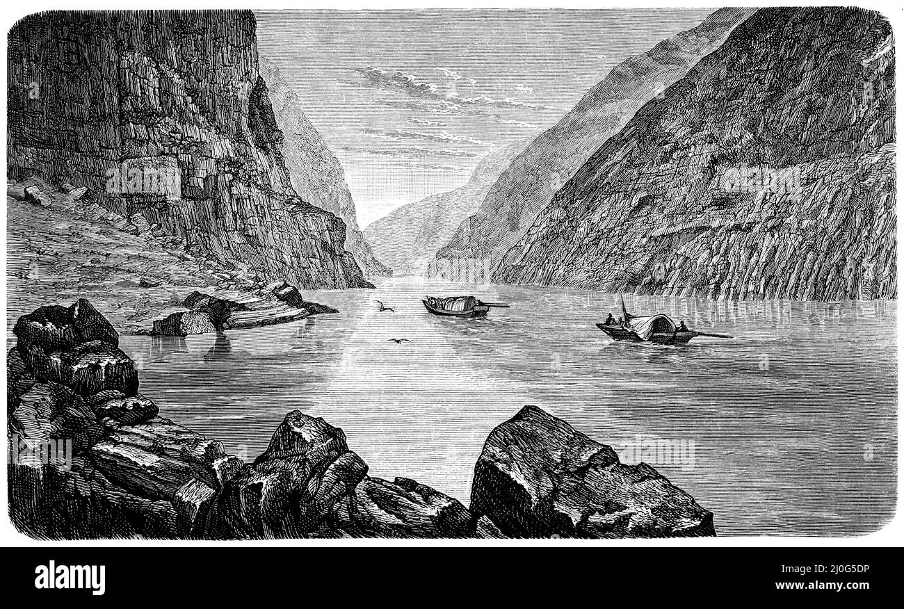 Mita stream on the upper Yangtze River, ,  (geography book, 1885), Mita-Stromenge am oberen Jangtsekiang, Débit de Mita sur le haut Yangtze Stock Photo