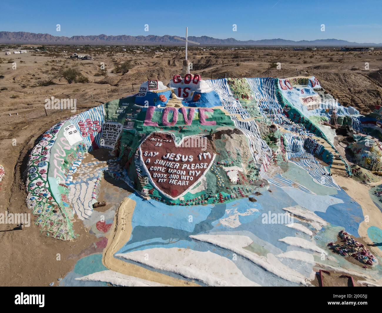 Aerial view of Salvation Mountain, God Is Love. Niland, California Stock Photo
