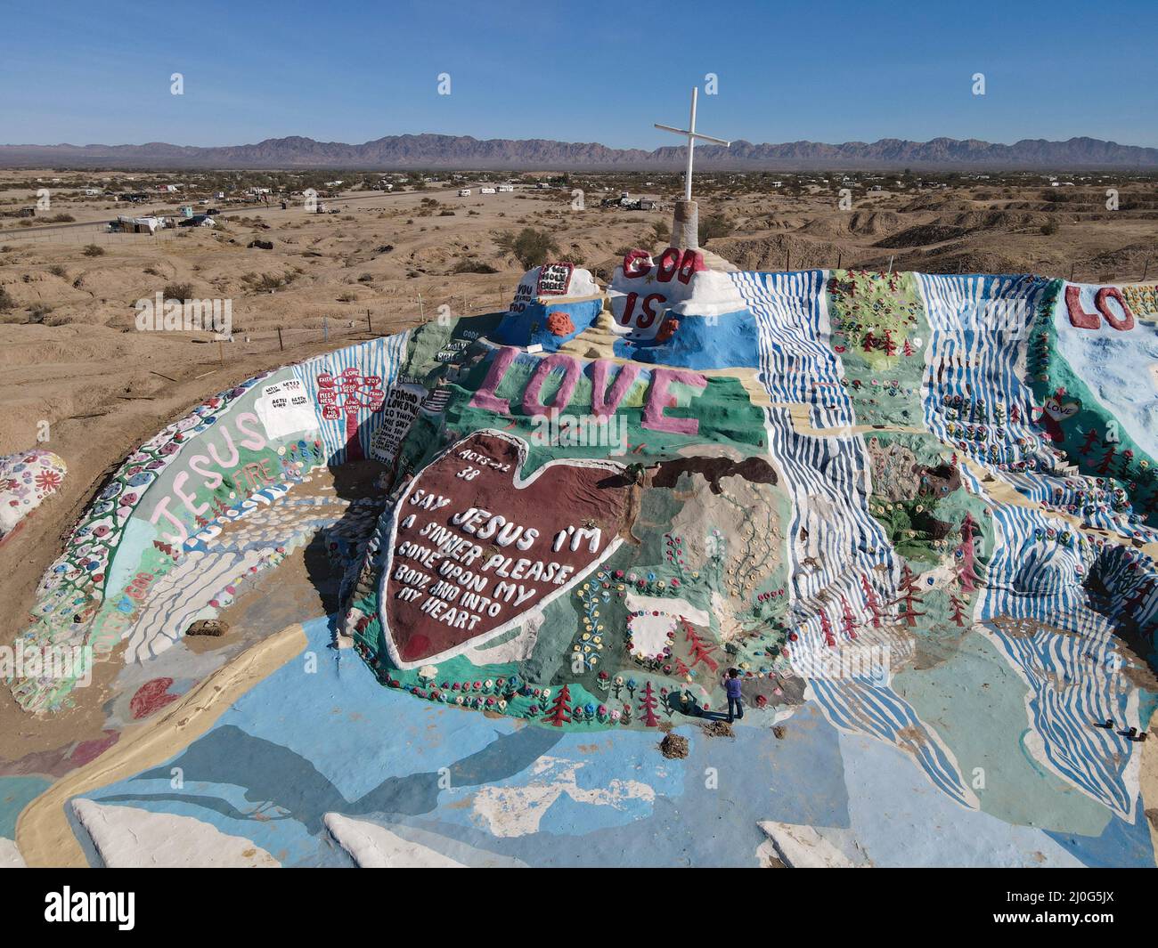 Aerial view of Salvation Mountain, God Is Love. Niland, California Stock Photo