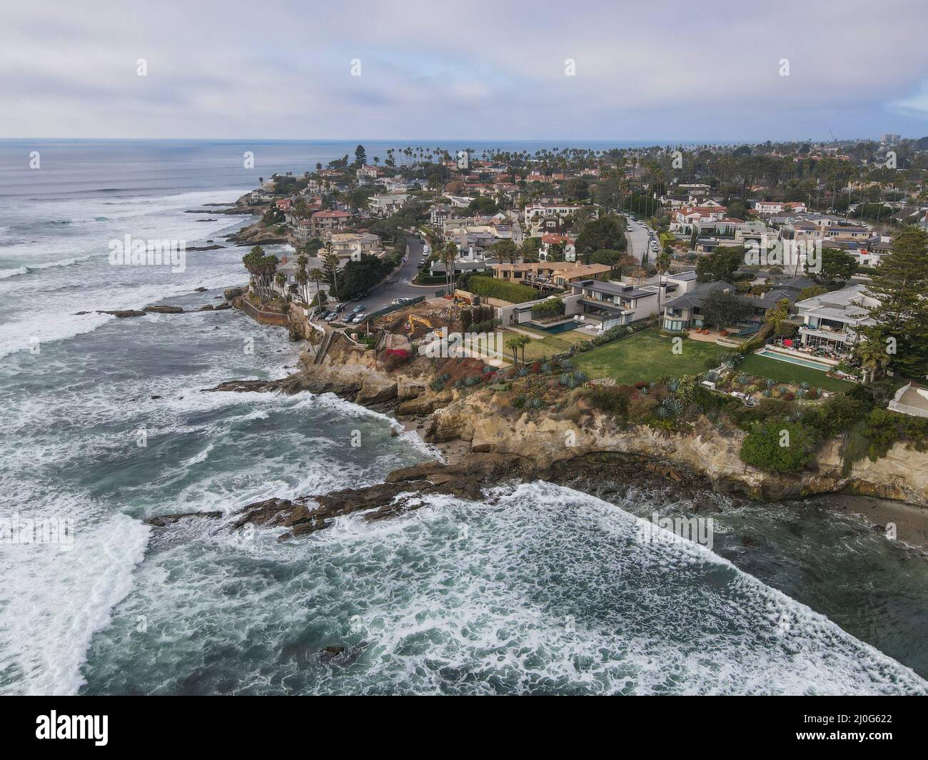 Aerial view of the cove with big villa in La Jolla Hermosa, California