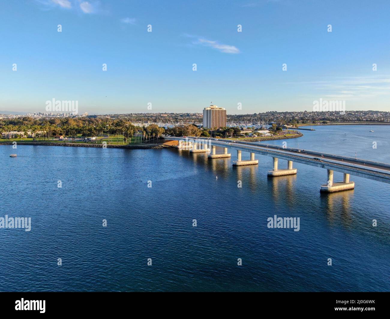 Aerial view of Mission Bay in San Diego, with Ingraham Street bridge