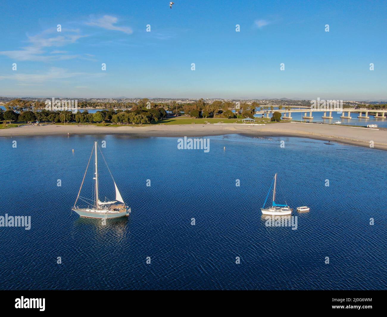Aerial view of small sail boats in the Mission Bay of San Diego, California, USA. Stock Photo