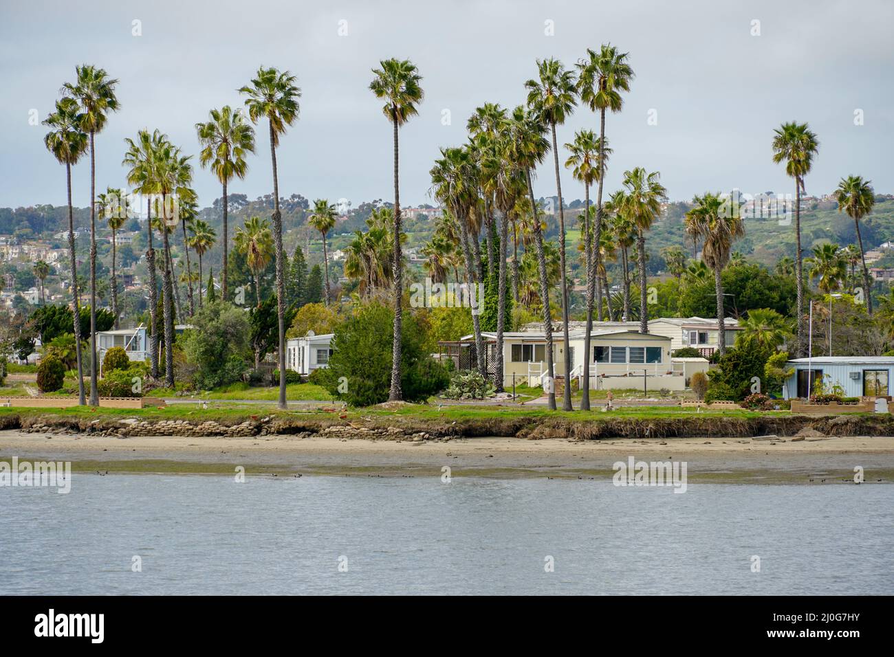 Caravan and home trailer park area next the water in the De Anza Cove in Mission Bay in San Diego Stock Photo