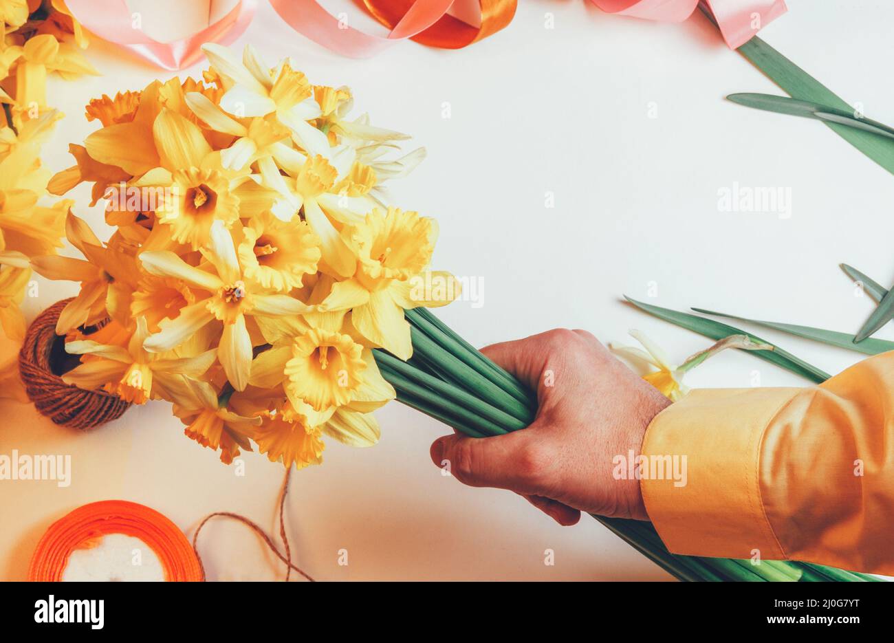 Man holding in bouquet of yellow daffodils flowers and colored ribbons with rope on white background, top view Stock Photo