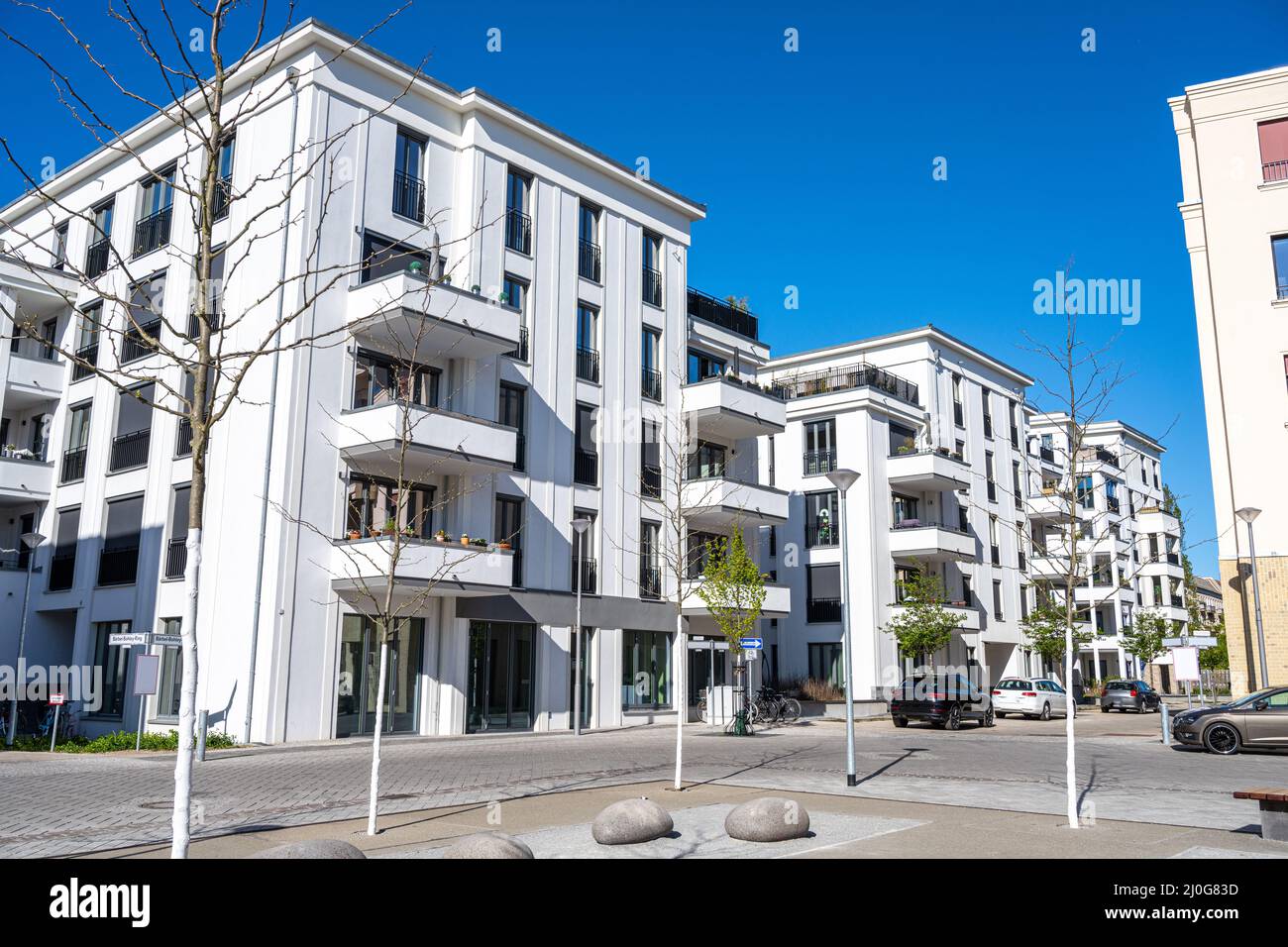 Housing development area with new apartment buildings seen in Berlin, Germany Stock Photo