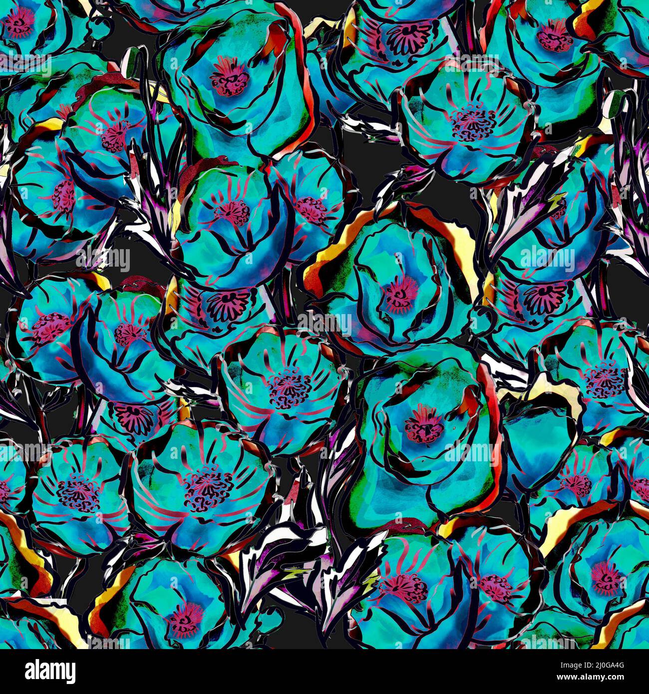 Floral abstract pattern with blue flowers on a dark background Stock ...