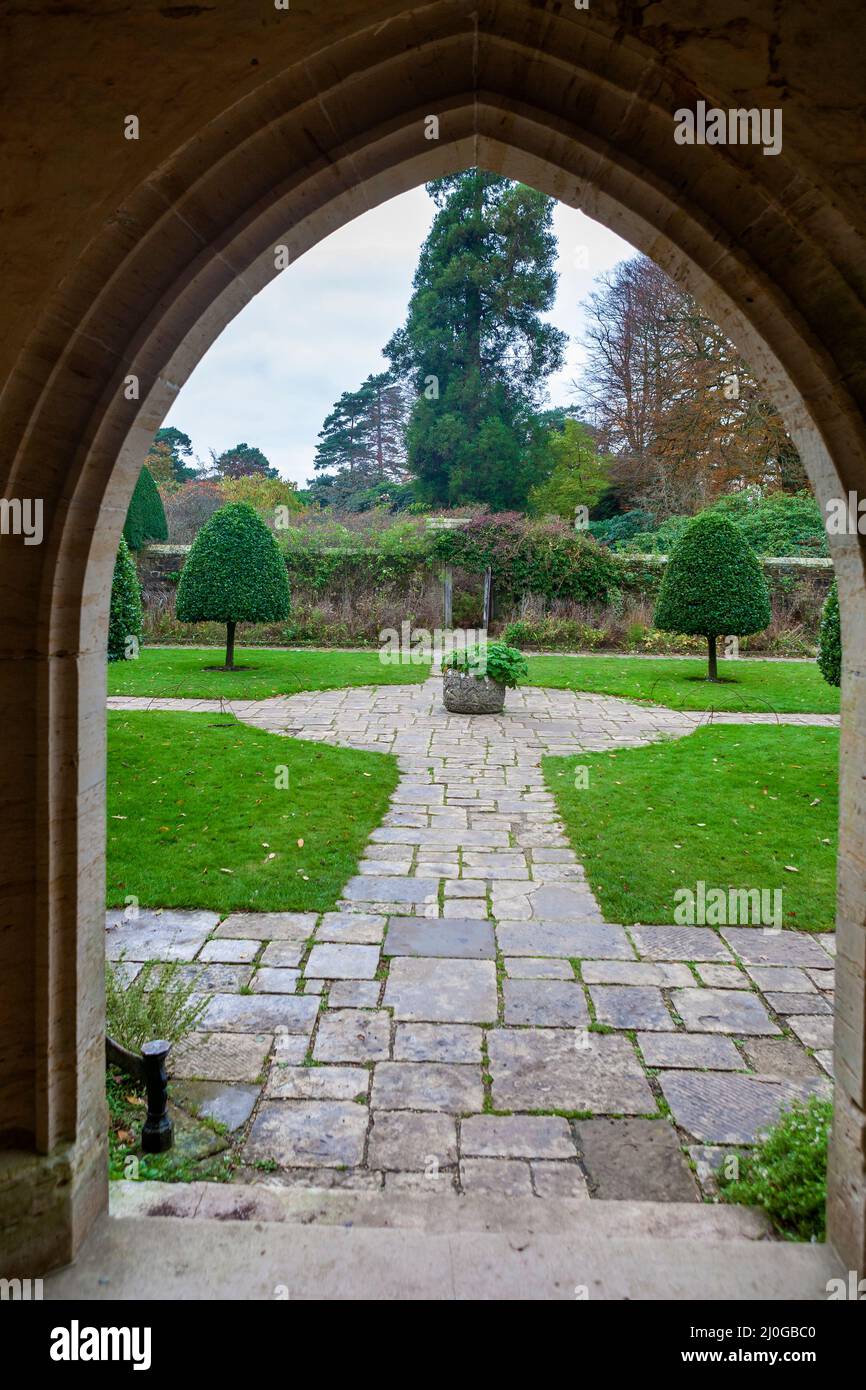 The formal Forecourt Garden, from the entrance to the House, Nymans, West Sussex, UK Stock Photo