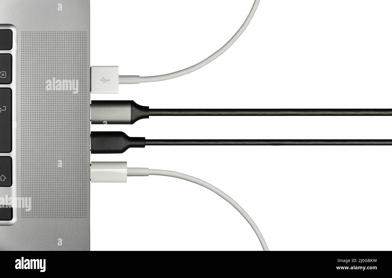 Various Computer Cables Plugged In To A Laptop Stock Photo Alamy