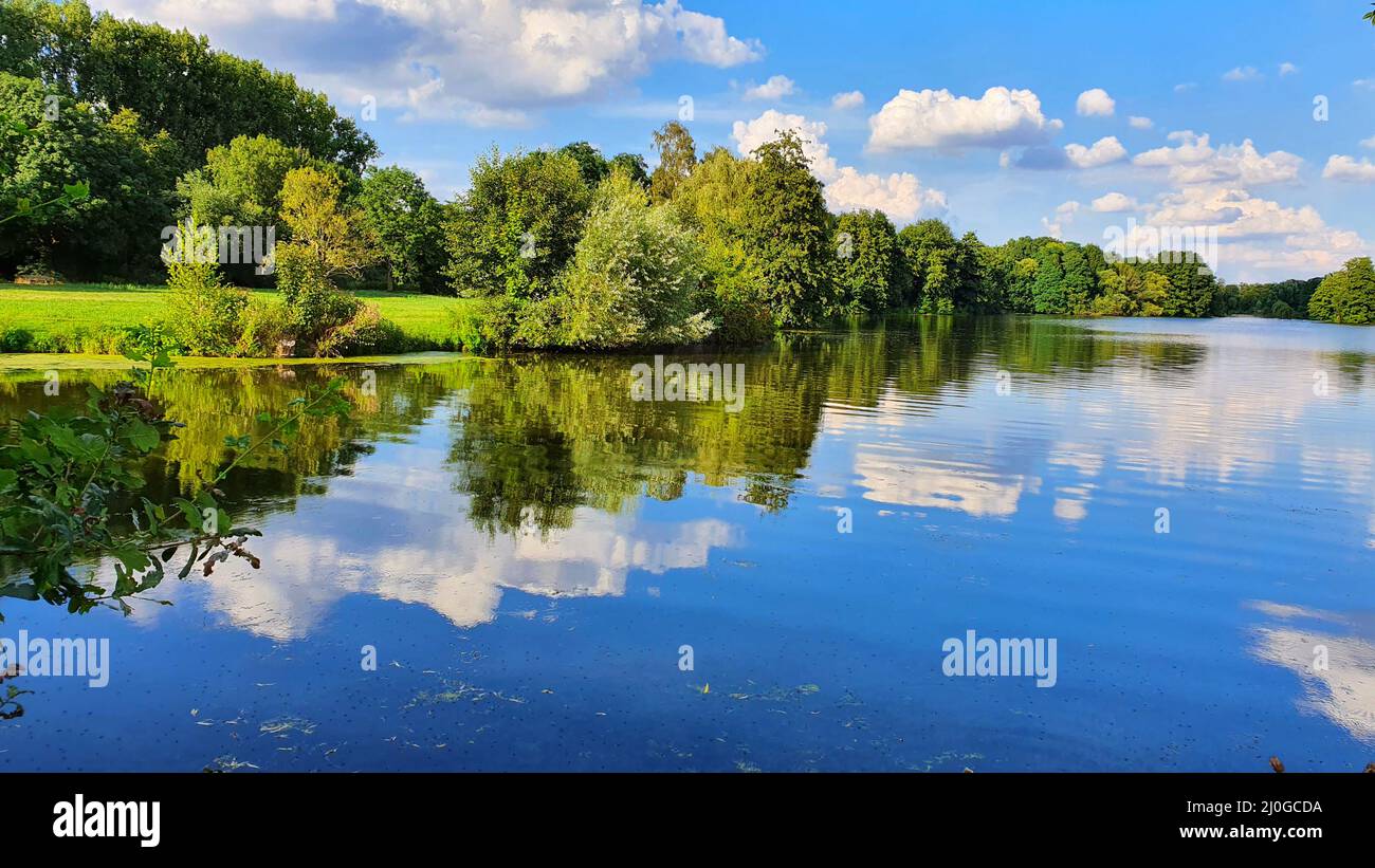 River with cloud reflections and spring green trees. Stock Photo