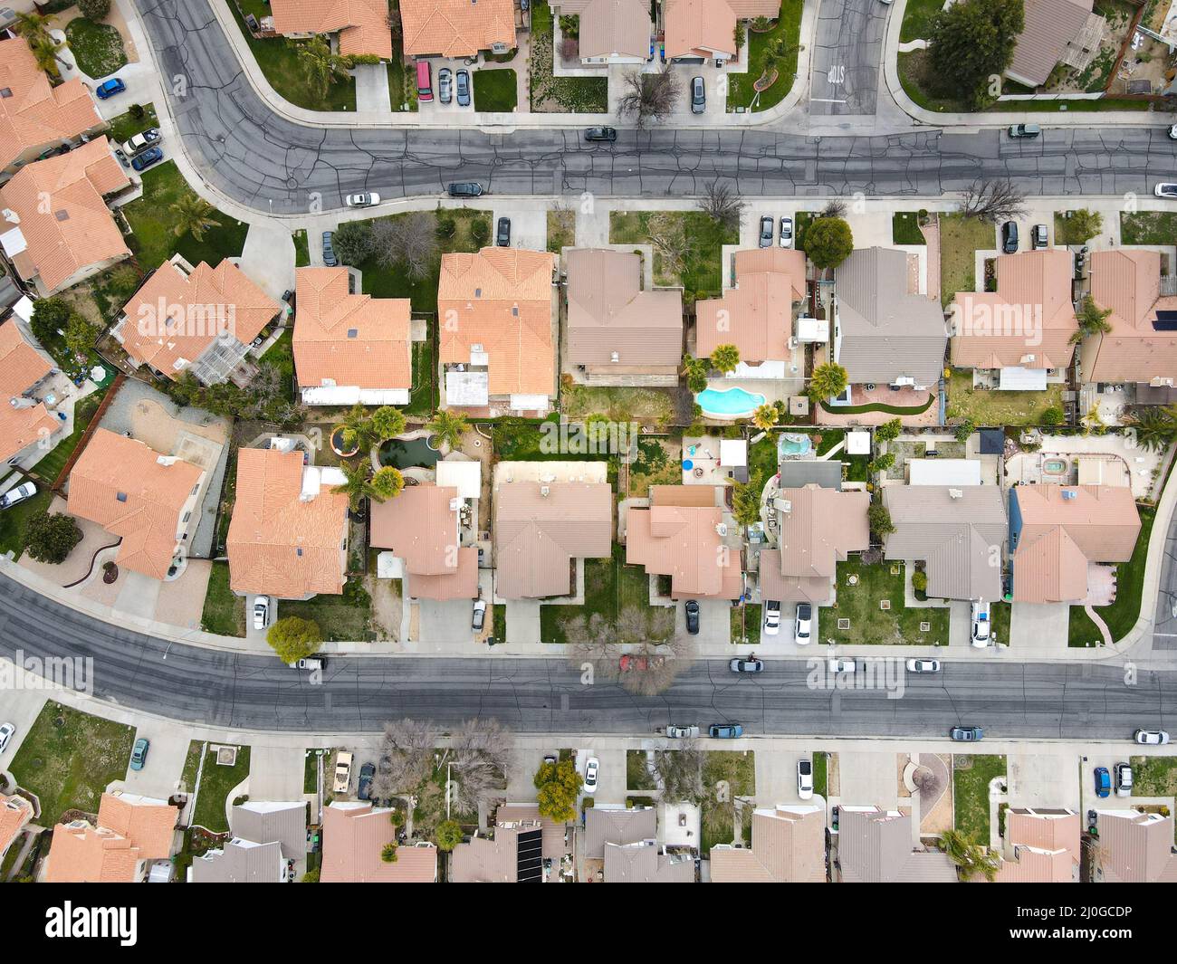 Aerial view of neighborhood in Hemet city in the San Jacinto Valley in Riverside County, California Stock Photo