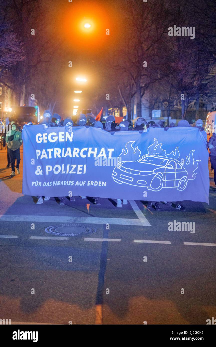 Munich, Germany. 18th Mar, 2022. On March 18, 2022, over 200 participants gathered at Zenettiplatz in Munich, Germany for a feminist demonstration. The protest was a prelude to tomorrow's anti-arbortionist 'March for Life'. In addition, the demonstration was against the patriarchy and the police. (Photo by Alexander Pohl/Sipa USA) Credit: Sipa USA/Alamy Live News Stock Photo