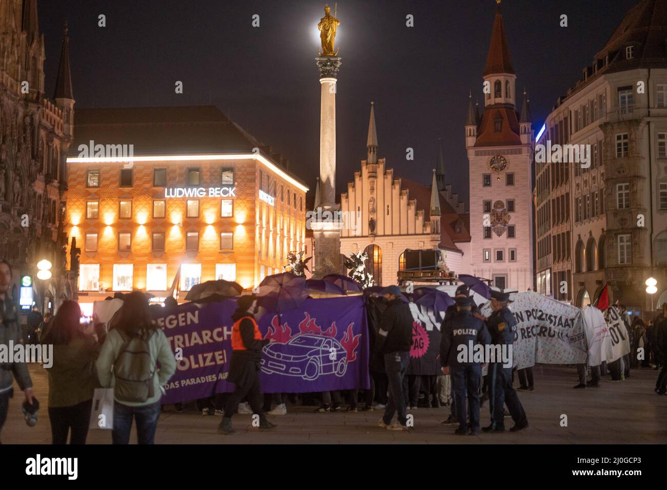 Munich, Germany. 18th Mar, 2022. On March 18, 2022, over 200 participants gathered at Zenettiplatz in Munich, Germany for a feminist demonstration. The protest was a prelude to tomorrow's anti-arbortionist 'March for Life'. In addition, the demonstration was against the patriarchy and the police. (Photo by Alexander Pohl/Sipa USA) Credit: Sipa USA/Alamy Live News Stock Photo