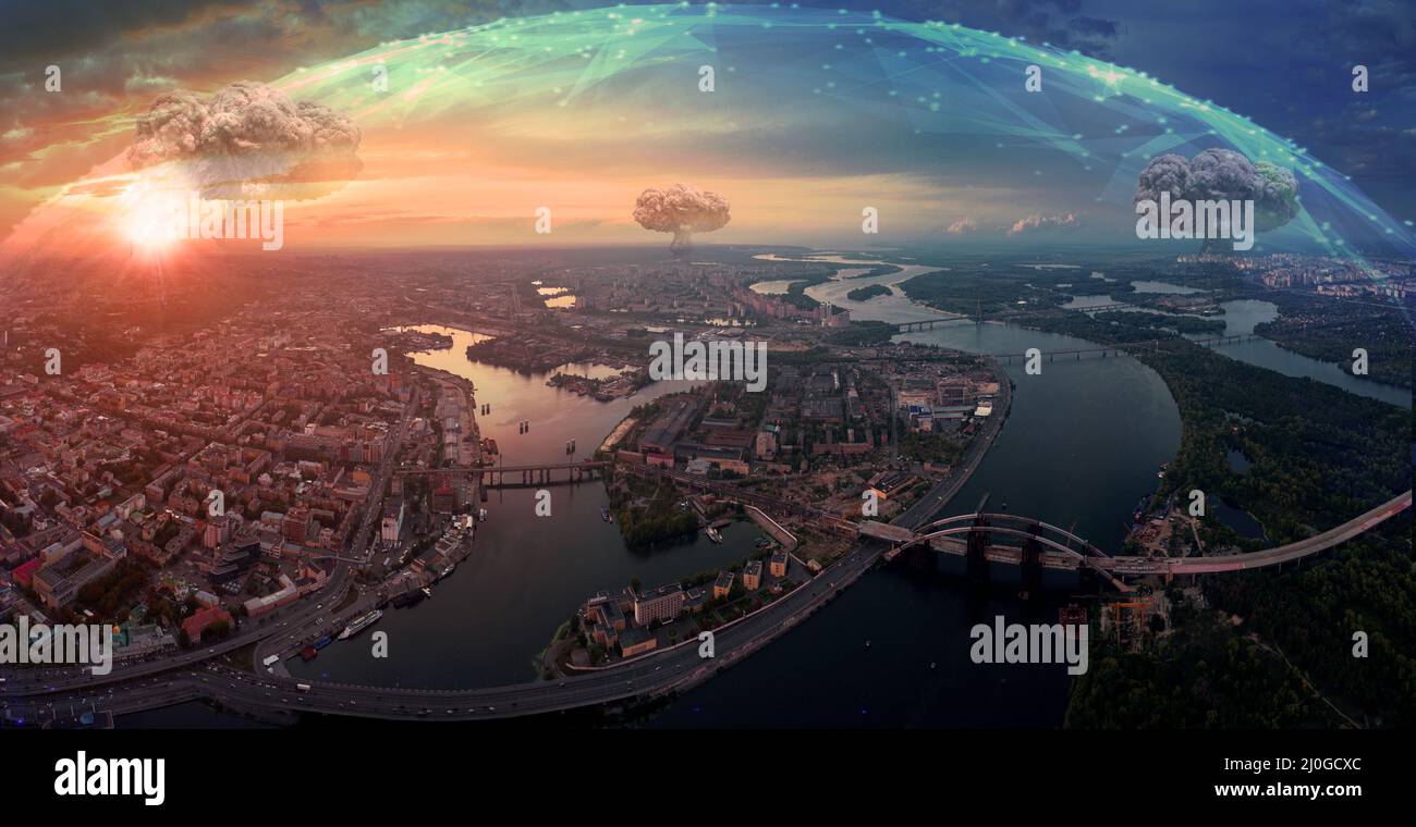 Close up the sky over Ukraine. Large panorama of Kyiv with protective shield  Stock Photo