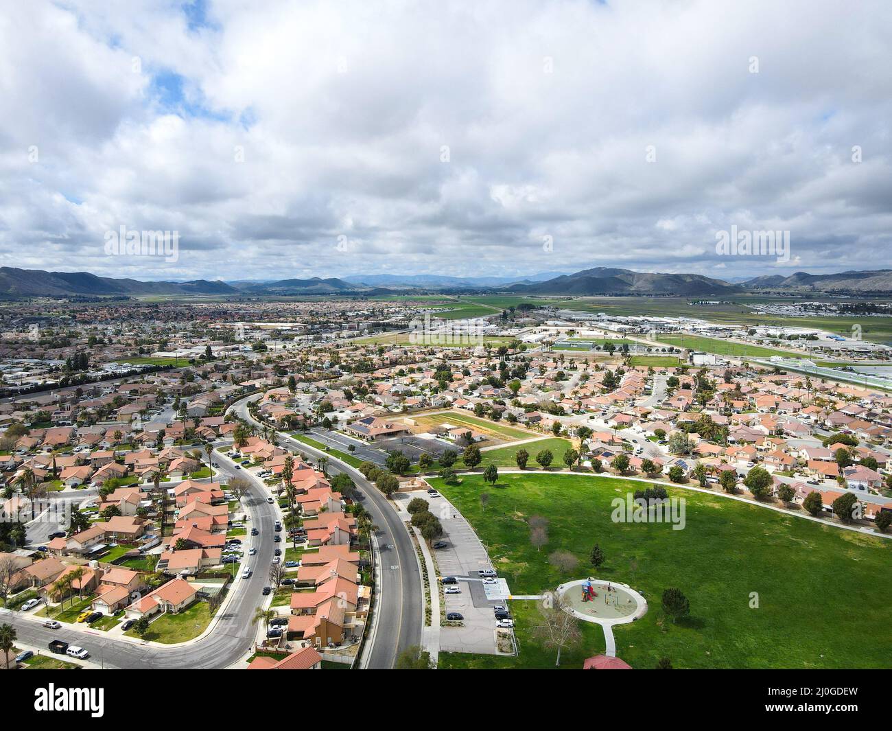 Aerial view of small town Hemet in the San Jacinto Valley in Riverside County, California Stock Photo