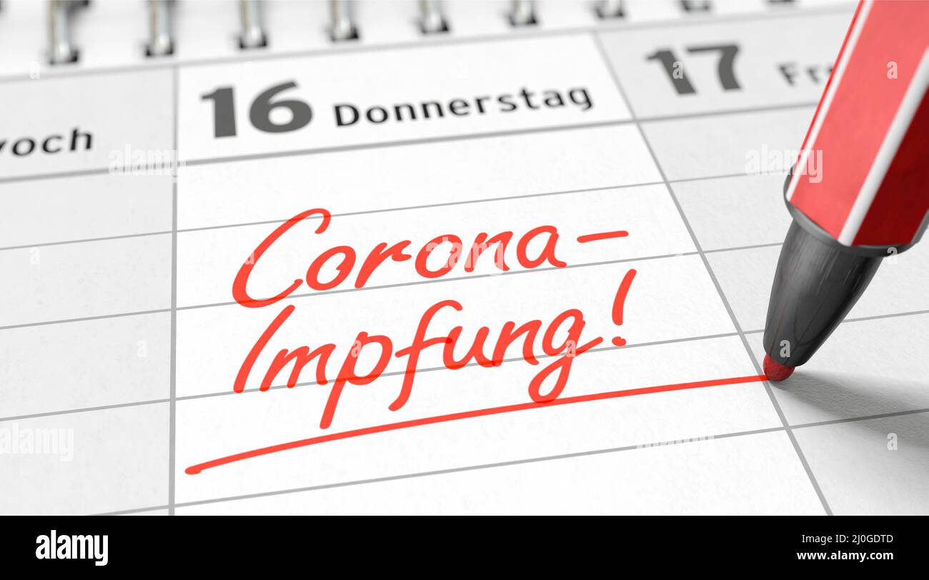Write the vaccination date for the corona vaccination in the calendar Stock Photo