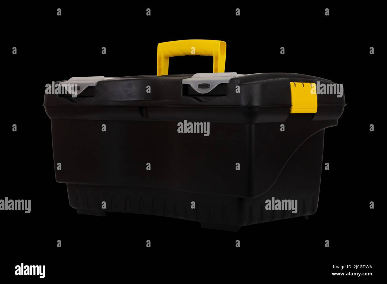 Black plastic container tool box isolated on black background closeup Stock Photo