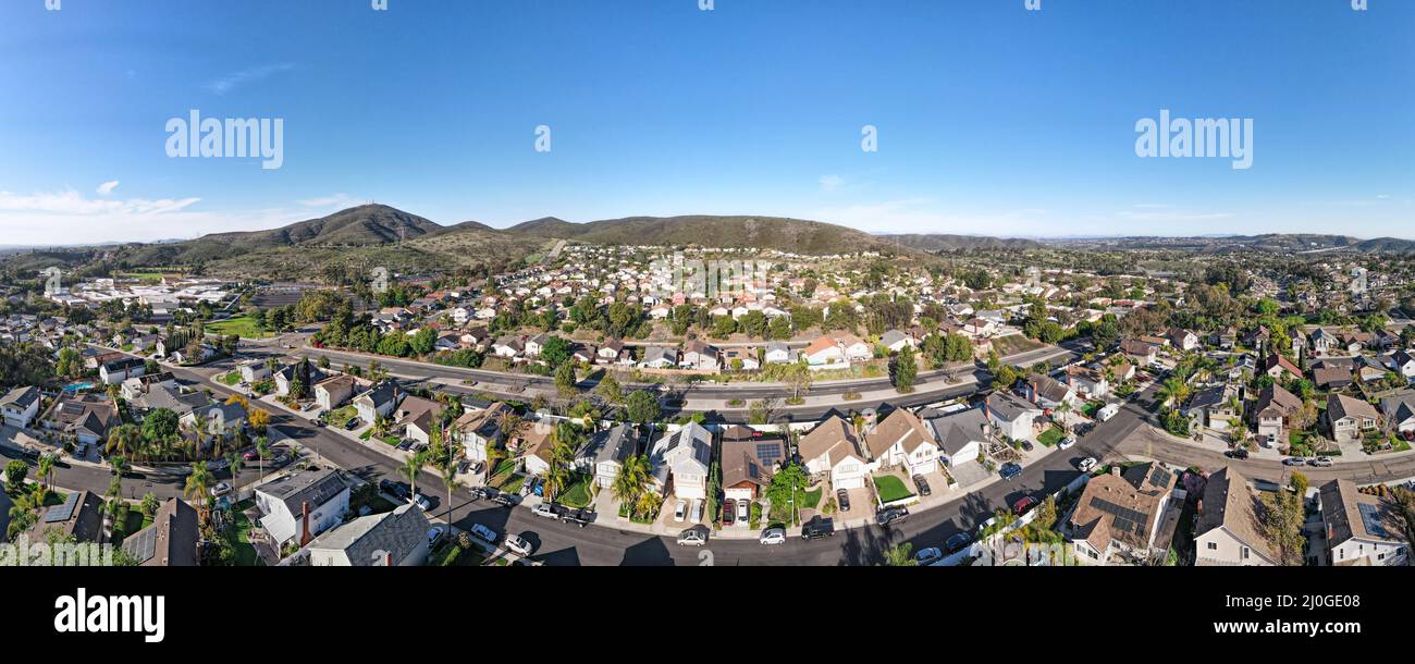 Aerial view of Carmel Mountain neighborhood with Black Mountain. San