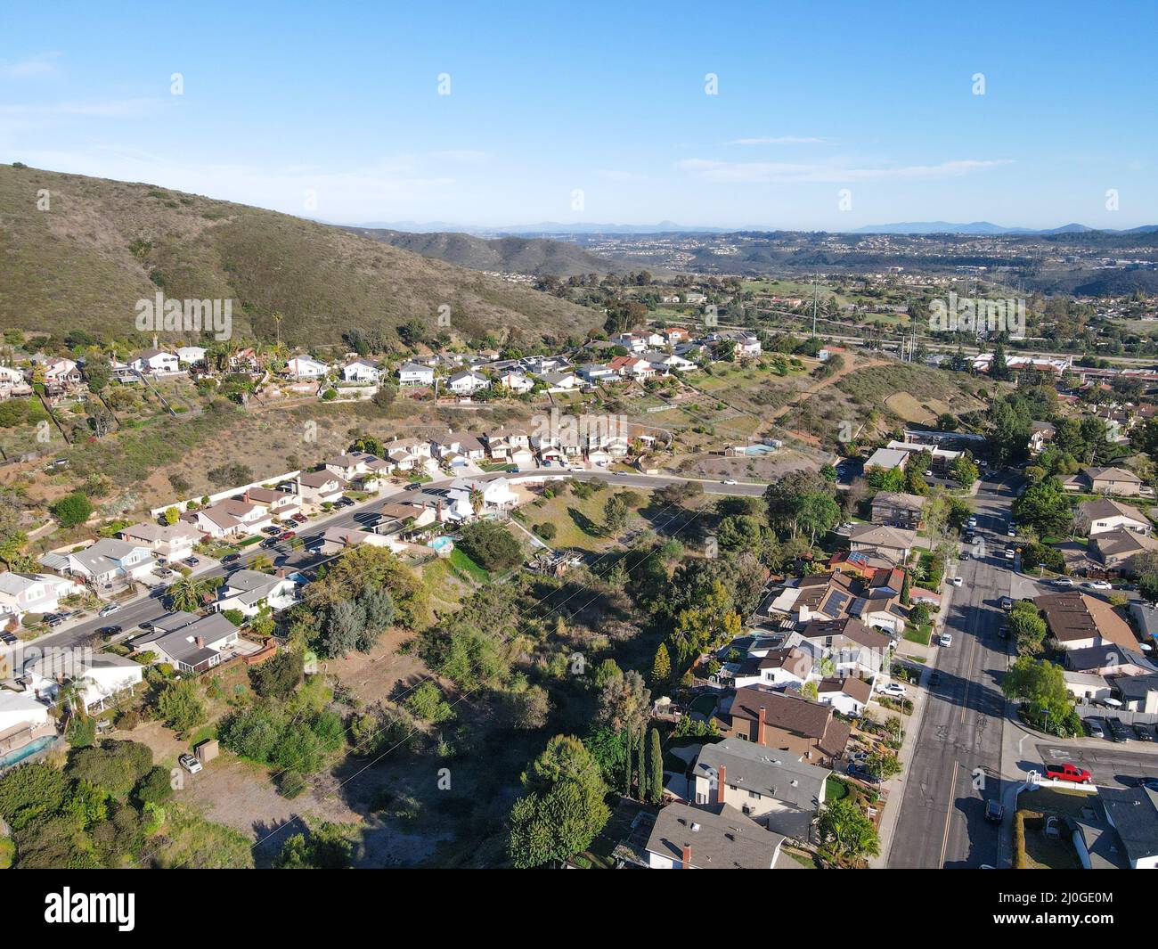 Aerial view of Carmel Mountain neighborhood with Black Mountain. San