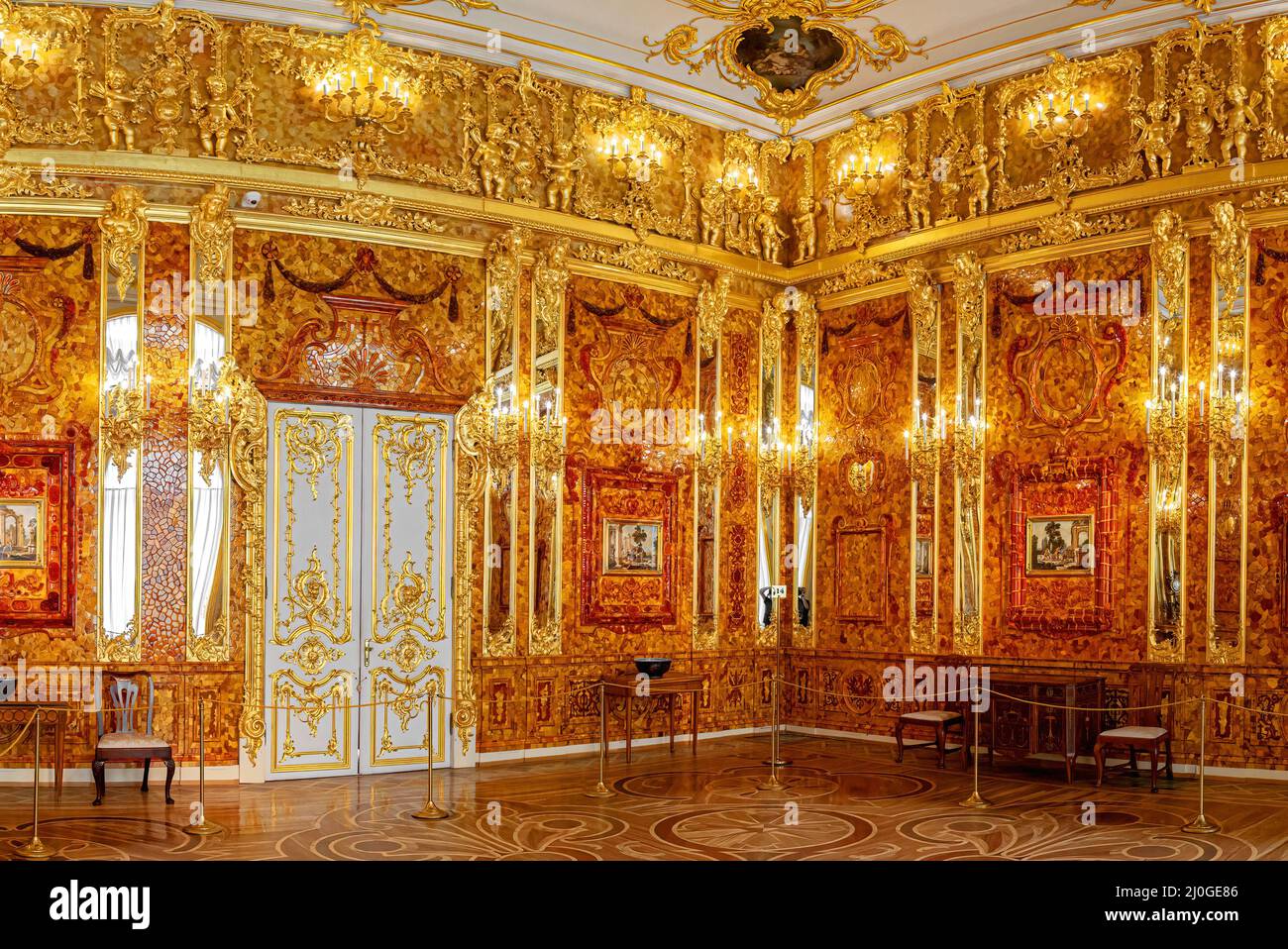 Saint-Petersburg, Russia - March 25 2021: Interior Amber Room, Catherine palace. The former imperial palace. Building is laid in Stock Photo