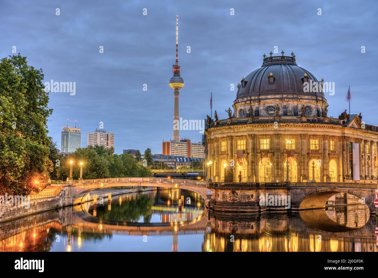 The Bode Museum, the Television Tower and the river Spree in Berlin at twilight Stock Photo