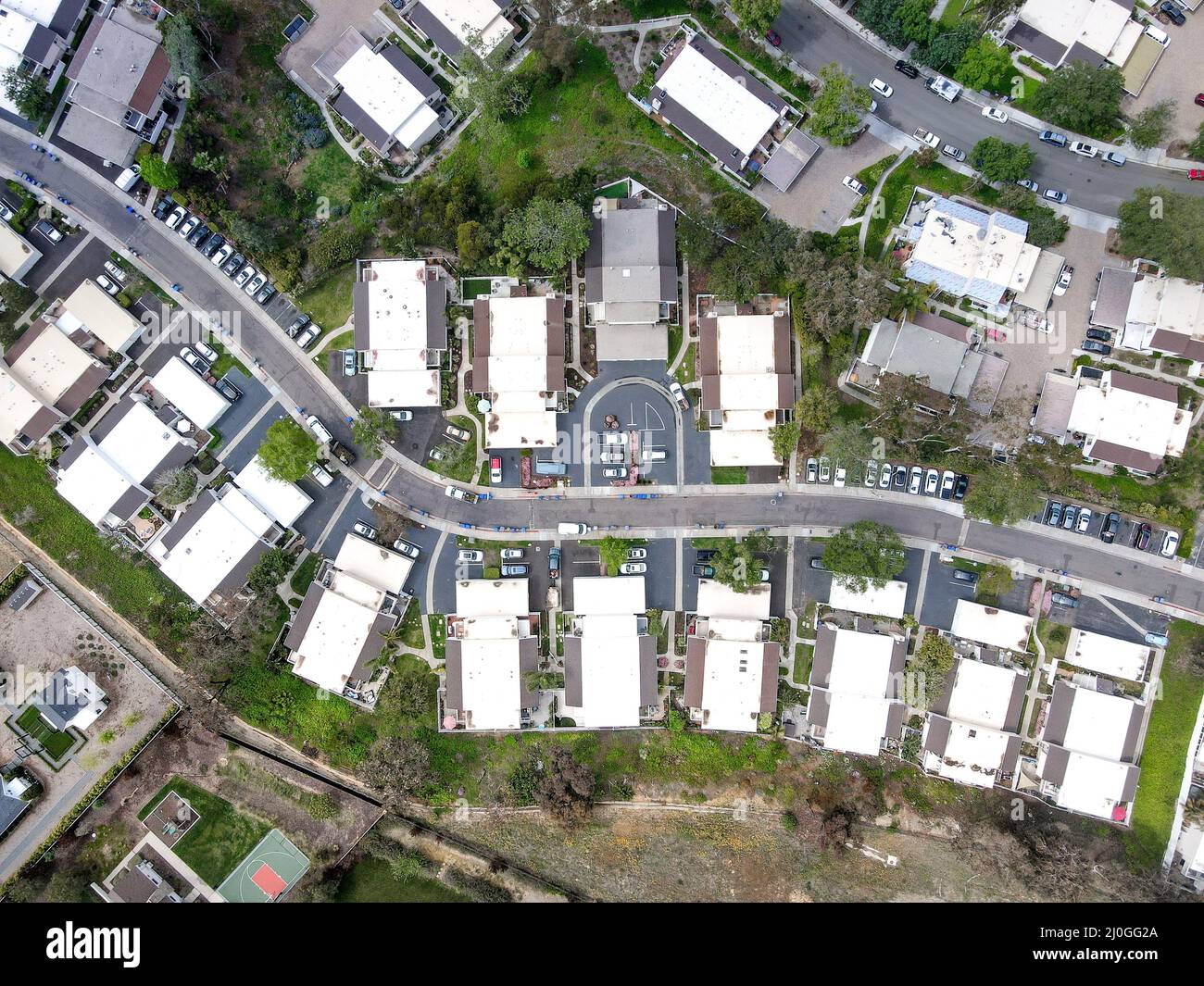 Aerial view of condominium house community in Cardiff, San Diego County