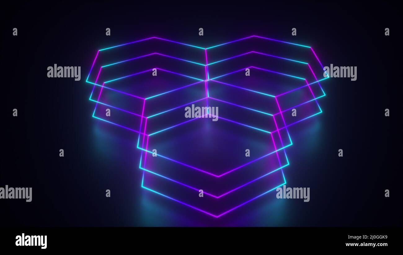 3d rendering of geometric glowing background. Computer generated neon hexagonal Stock Photo