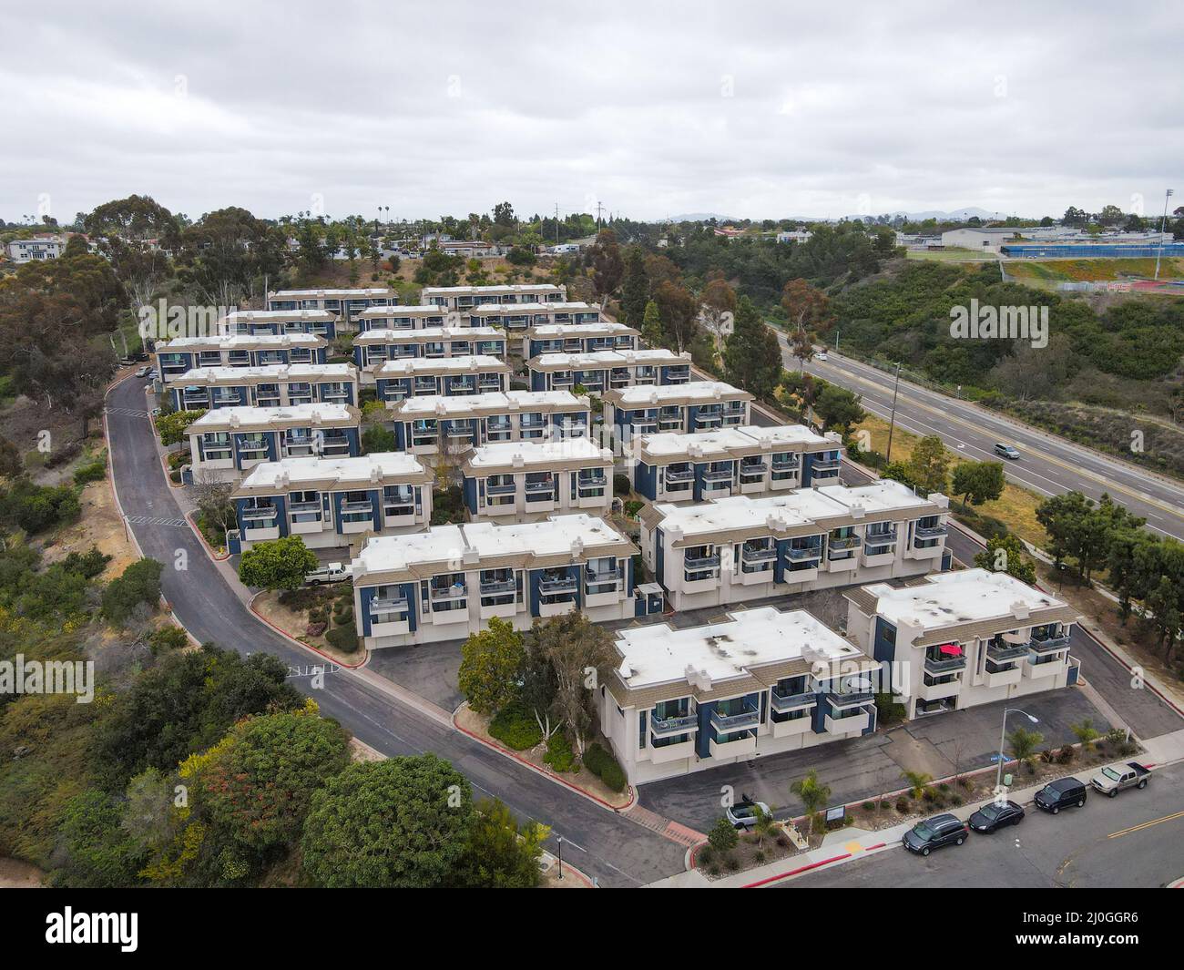 Aerial view of middle class townhouse and residential condos in San