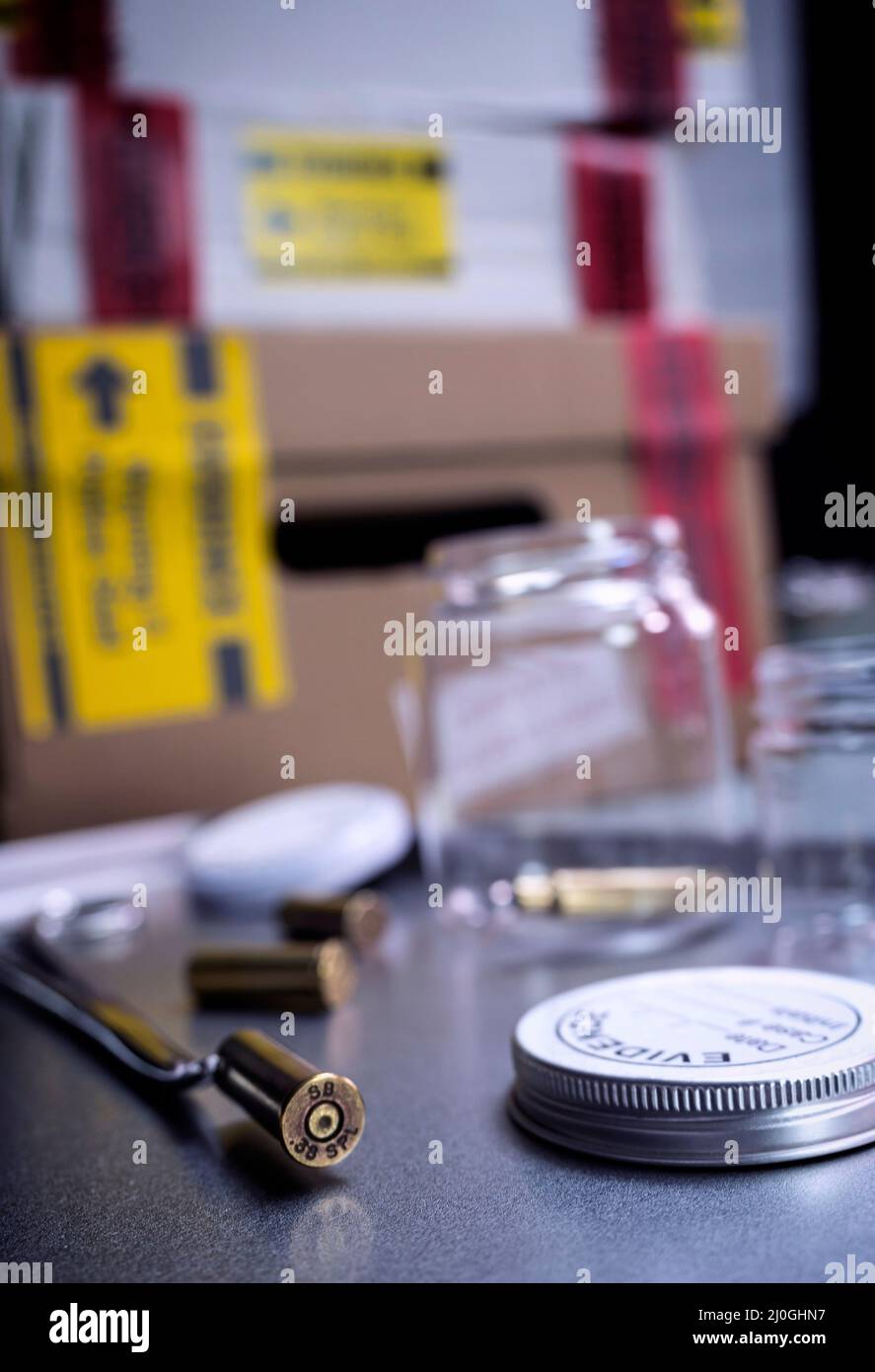 Criminalistic Laboratory, Bullet shell analysis, conceptual image Stock Photo