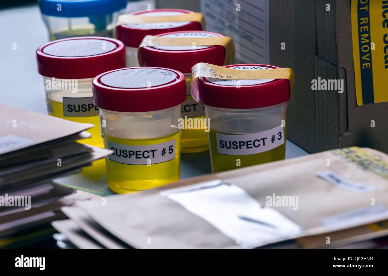 Various analyses of urine, saliva and blood of homicide suspects in crime lab, conceptual image. Stock Photo