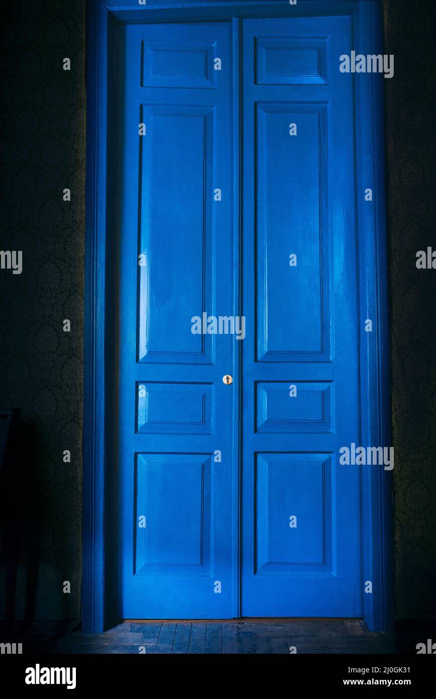 blue massive vintage doors indoor. Old fashioned interior concept Stock