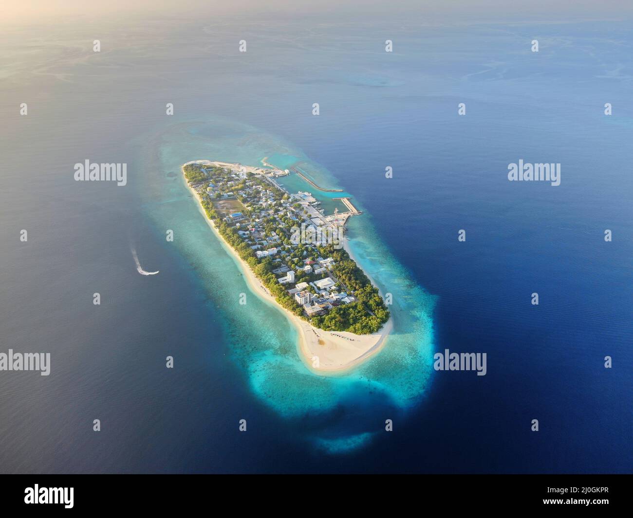 Tropical paradise atoll Ukulhas island aerial view Stock Photo