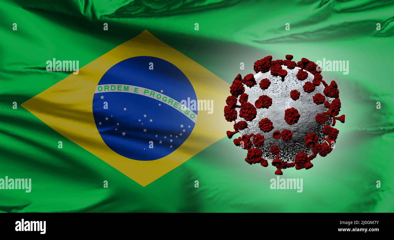 A Brazilian flag with a Covid-19 virus. South Brazilian variant. Stock Photo